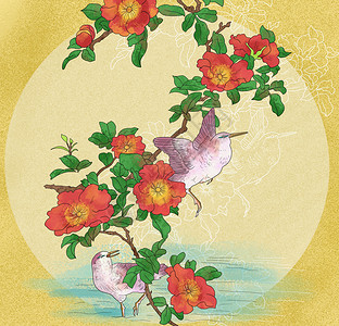 牡丹树中国风国潮工笔水鸟牡丹插画