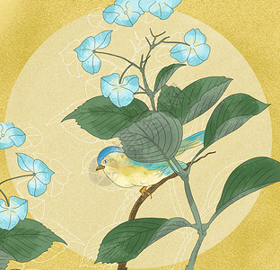 中国风国潮工笔蓝花小鸟花卉背景图片