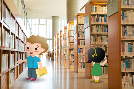 简约书柜创意可爱男孩女孩图书馆看书插画
