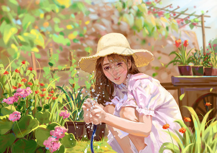 绿色花园春天花园里的少女插画