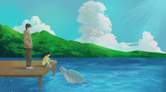 海豚跃起父女海边看海豚gif高清图片