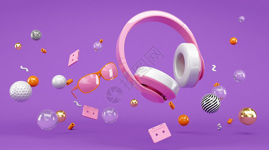 紫色耳机创意耳机漂浮场景设计图片