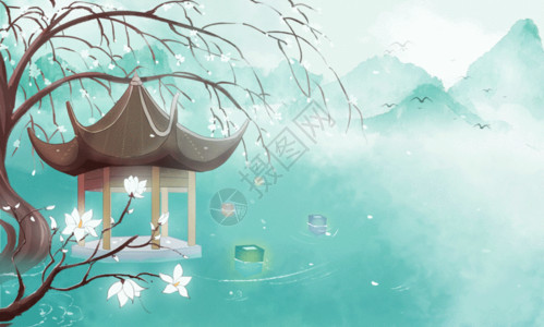 树屋酒店中国风背景插画gif高清图片