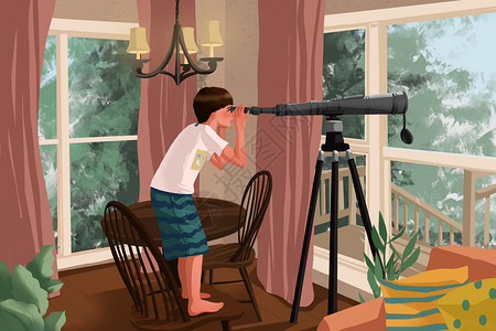 儿童桌椅看望远镜的小孩插画