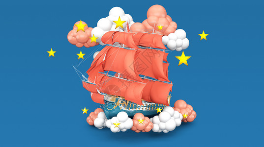 蓝色珊瑚群云中帆船场景设计图片