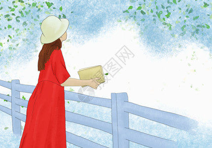 红色栏杆亭子夏季女孩GIF高清图片