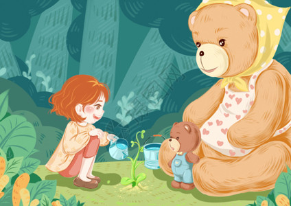 玩玩具熊的女孩植树节gif高清图片