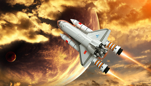 喷射火焰航天飞机遨游太空设计图片
