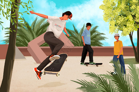 小孩滑板滑板少年插画