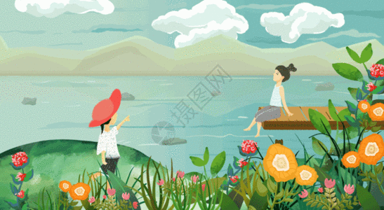 湖边的男孩与女孩插画场景gif图片