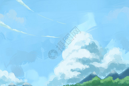 手绘山云清新蓝天白云背景设计图片