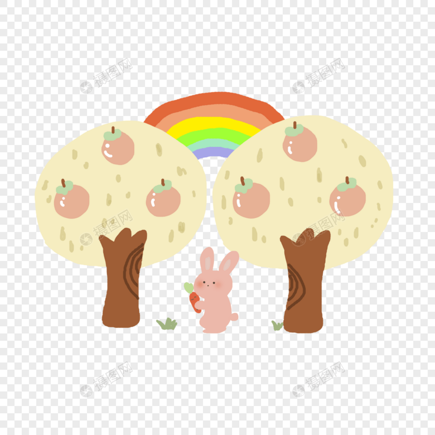 兔子树木彩虹可爱卡通图片