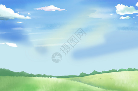 蓝天远山手绘风景背景设计图片