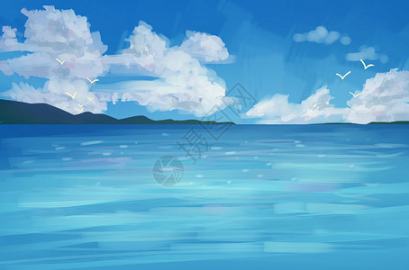 蓝色海景唯美插画风景背景设计图片