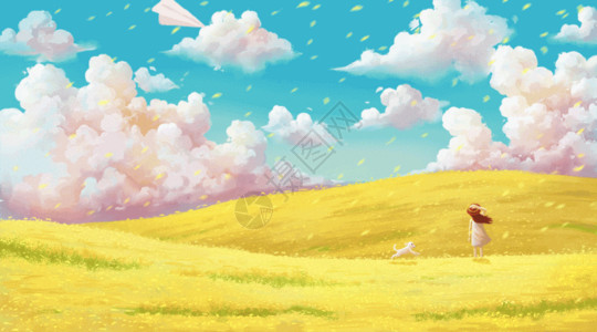 积云和蓝天春天的油菜花田gif高清图片