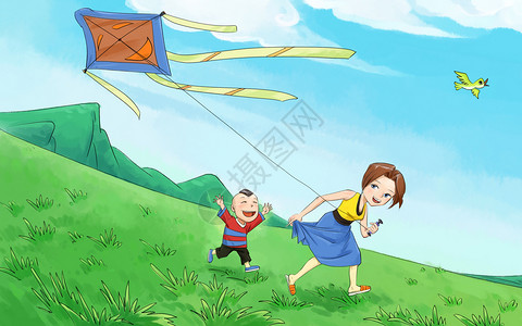 大人和小孩放风筝插画