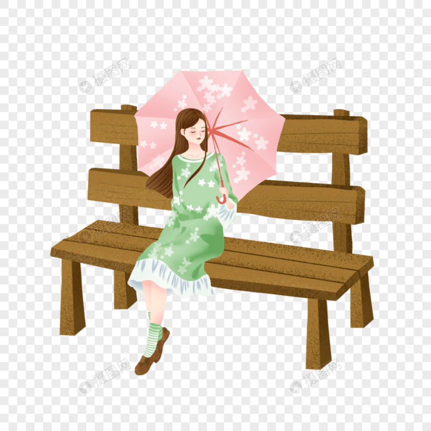 坐在长椅上打伞的女孩图片