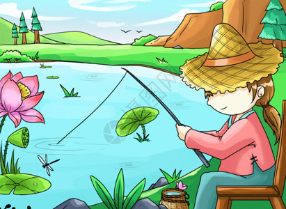 钓鱼中鱼素材立夏之垂钓的小女孩GIF高清图片