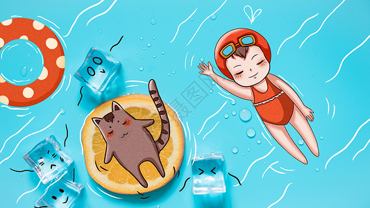 夏日小女孩游泳创意插画图片
