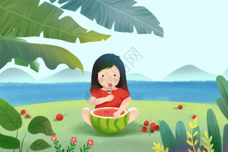 立夏吃西瓜的女孩GIF图片