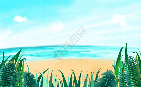 海滩上植被插画海边风景设计图片