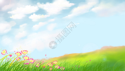 绿色小花靠背草地天空背景设计图片
