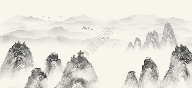 中国风清明海报中国风水墨山水插画