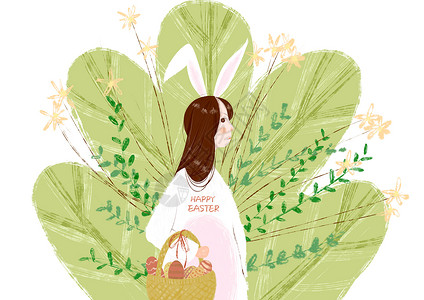 抱着彩蛋女孩复活节兔子插画