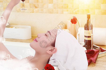 泡沫洗澡喝红酒沐浴的女性设计图片