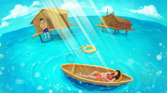 躺在船上的男孩立夏之海边旅游度假GIF高清图片