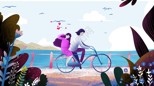 自行车恋人边框夏日骑车的恋人插画