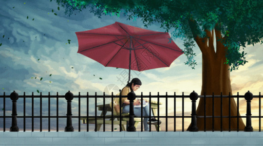 休闲遮阳伞树下看书的女人GIF高清图片