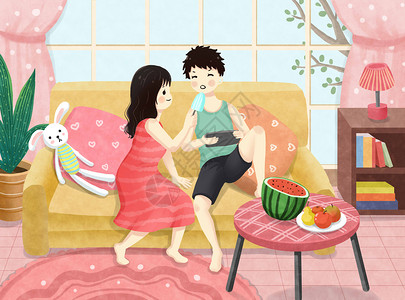 吃冰激凌的男孩夏日情侣居家生活插画