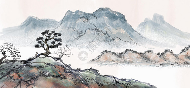 复古简约背景中国风山水画插画