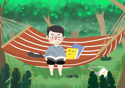 坐在床上伸懒腰森林里坐在吊床上的男孩插画