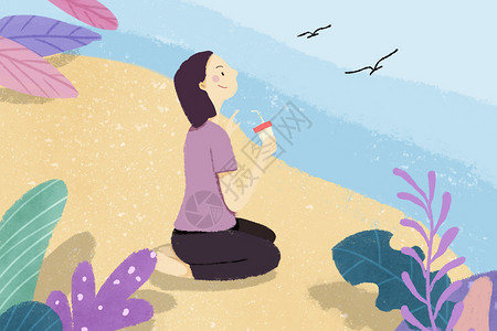 夏天女孩子在沙滩上喝奶茶看海鸥插画
