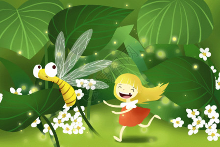 观察昆虫的女孩追逐蜻蜓的小女孩GIF高清图片