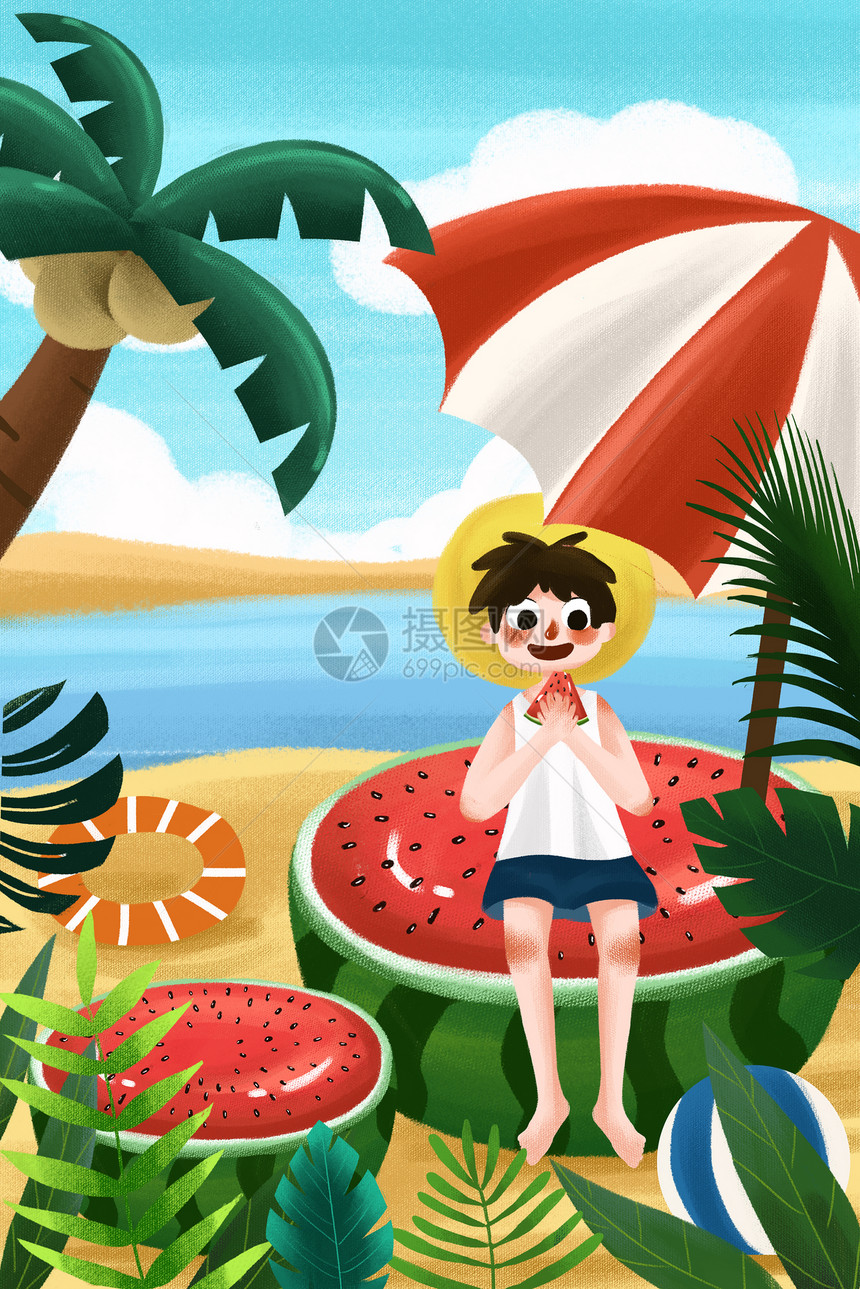 夏天夏季立夏男孩吃西瓜海边插画小清新大暑夏至节气图片