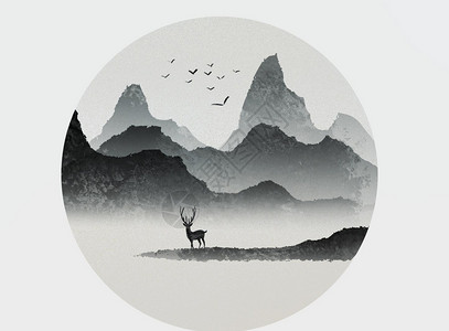 中国风圆形圆形中国风山水插画