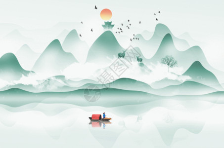 出游划船春季山水插画gif高清图片