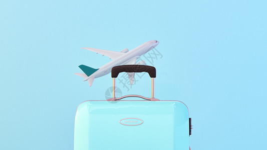 行李箱素材设飞机旅行绿色小场景设计图片