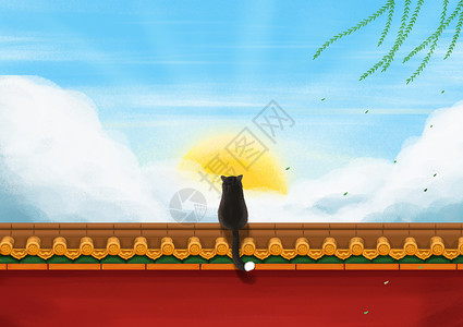 清新墙壁宫墙上的黑猫插画