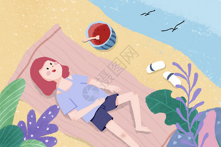 夏天五一海边出游的少女躺在沙滩上休息高清图片