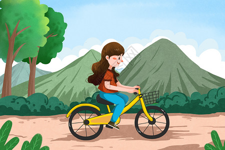 骑自行车的学生骑自行车郊游插画