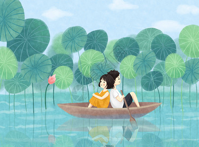春天划船的女孩荷塘里划船的情侣插画