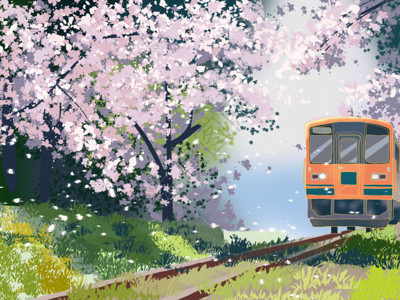 日本人力车小清新风格插画樱花节樱花电车GIF高清图片
