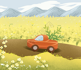 春天自驾旅行插画背景图片