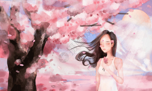 粉红和白色樱花与女孩gif高清图片