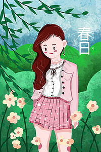 春日赏花的女孩背景图片