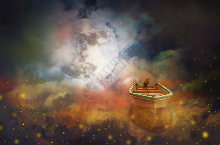 彩色月亮梦幻小船设计图片